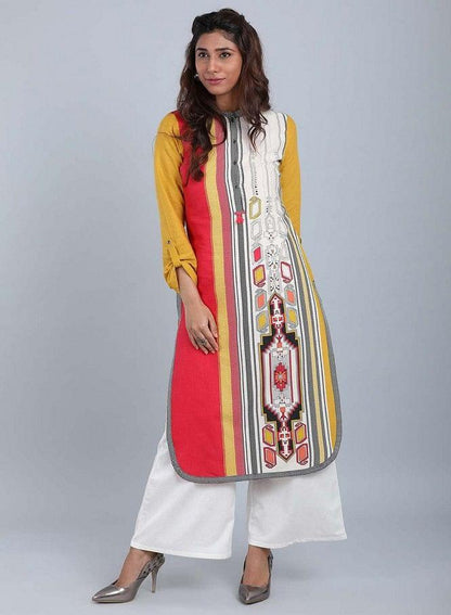 Yellow Mandarin Neck Printed kurta - wforwoman