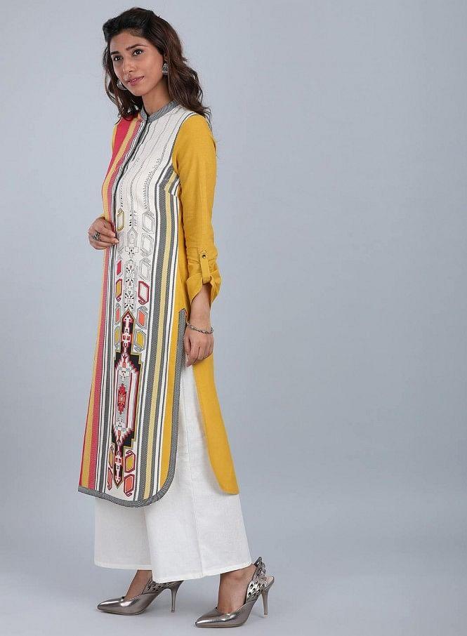 Yellow Mandarin Neck Printed kurta - wforwoman