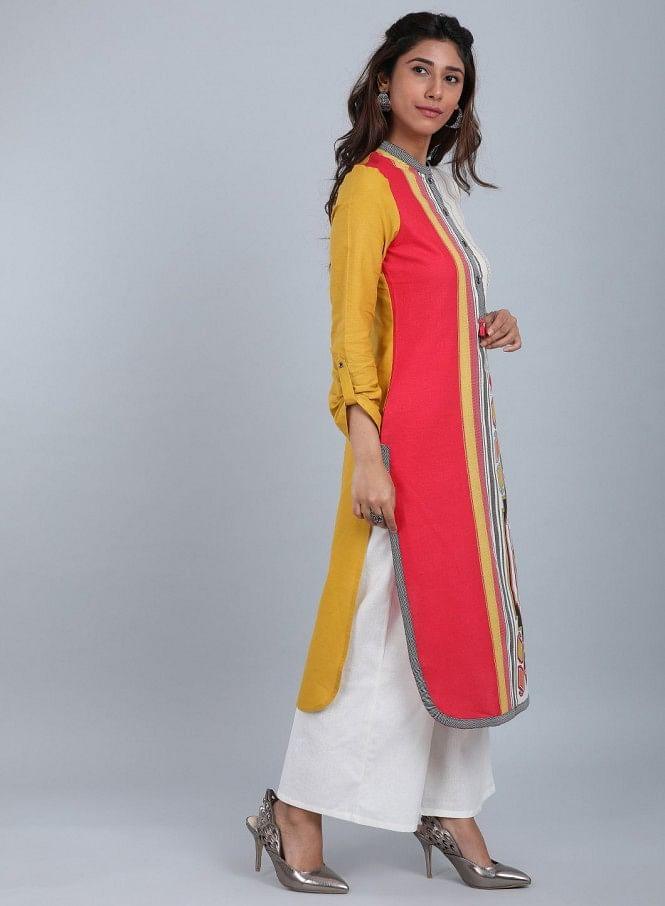 Yellow Mandarin Neck Printed kurta - wforwoman