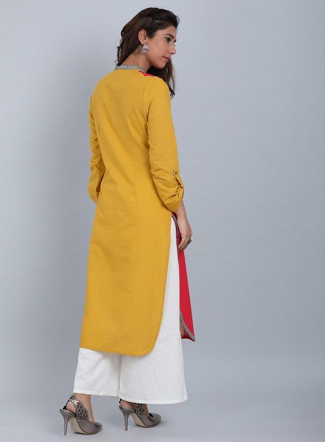 Yellow Mandarin Neck Printed kurta - wforwoman