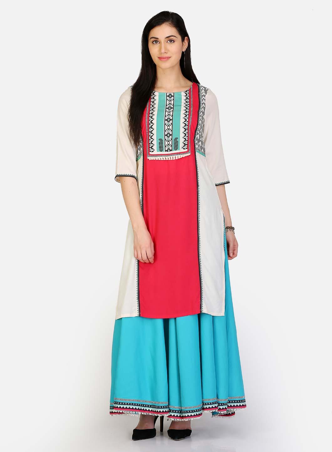 Red &amp; White Round Neck Printed kurta - wforwoman