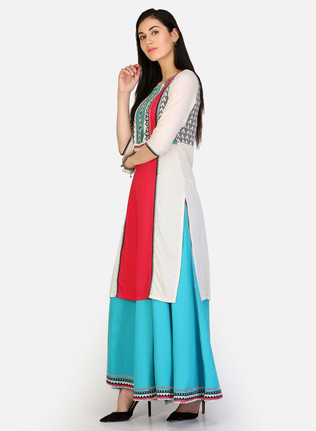 Red &amp; White Round Neck Printed kurta - wforwoman