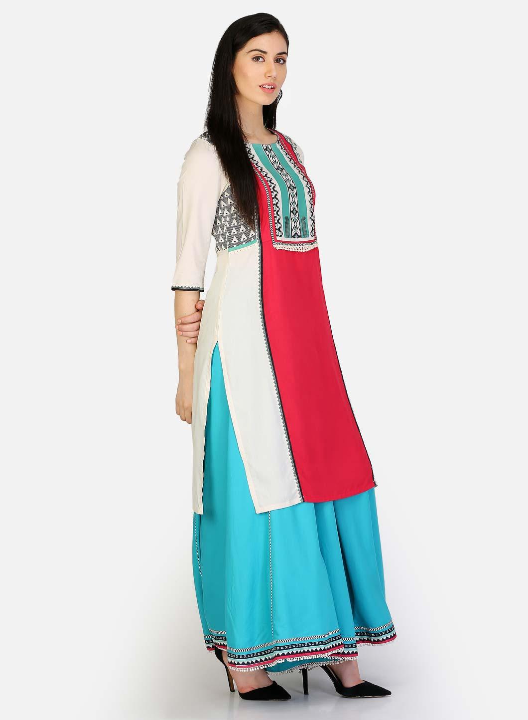 Red &amp; White Round Neck Printed kurta - wforwoman