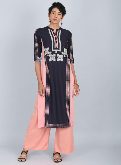 Blue &amp; Peach Mandarin Neck kurta - wforwoman