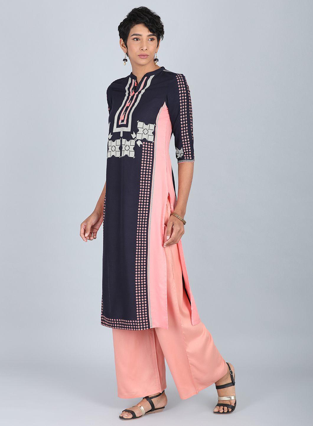 Blue &amp; Peach Mandarin Neck kurta - wforwoman