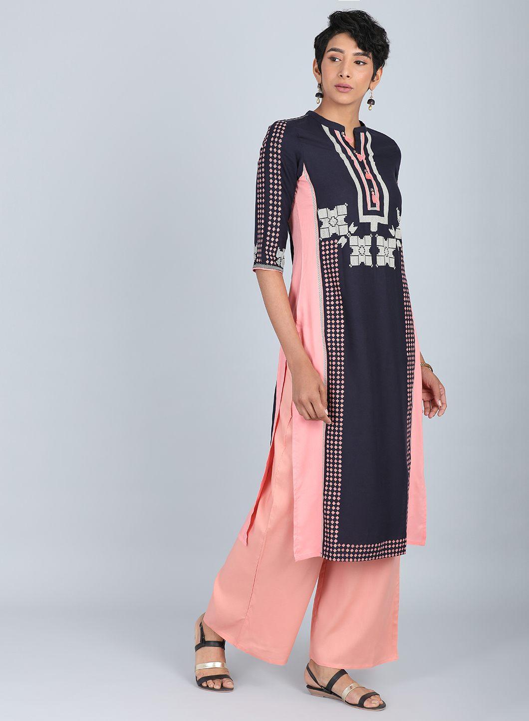 Blue &amp; Peach Mandarin Neck kurta - wforwoman