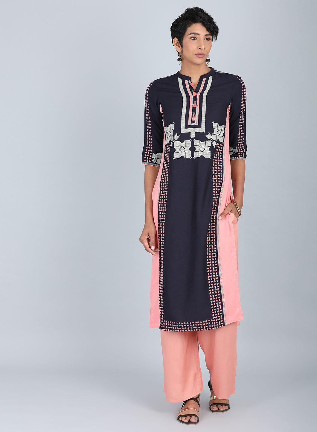 Blue &amp; Peach Mandarin Neck kurta - wforwoman