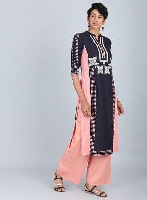 Blue &amp; Peach Mandarin Neck kurta - wforwoman