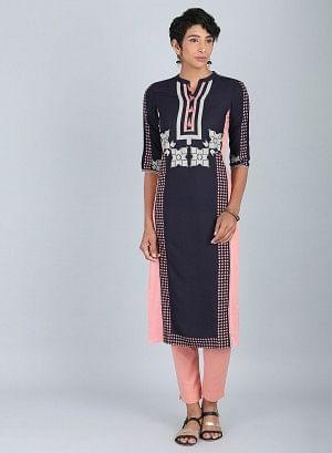 Blue &amp; Peach Mandarin Neck kurta - wforwoman