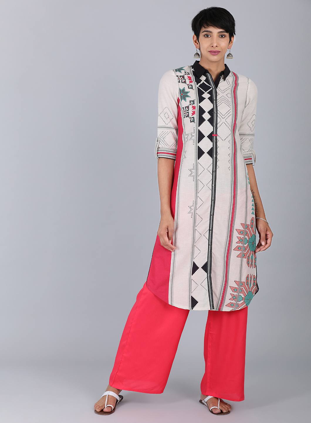 White Collar Neck Printed kurta