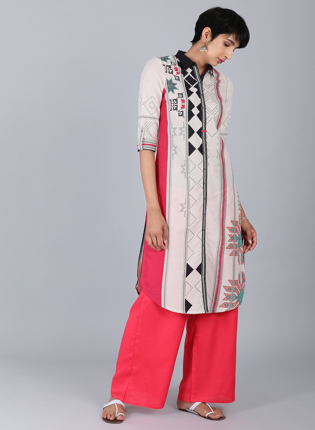 White Collar Neck Printed kurta