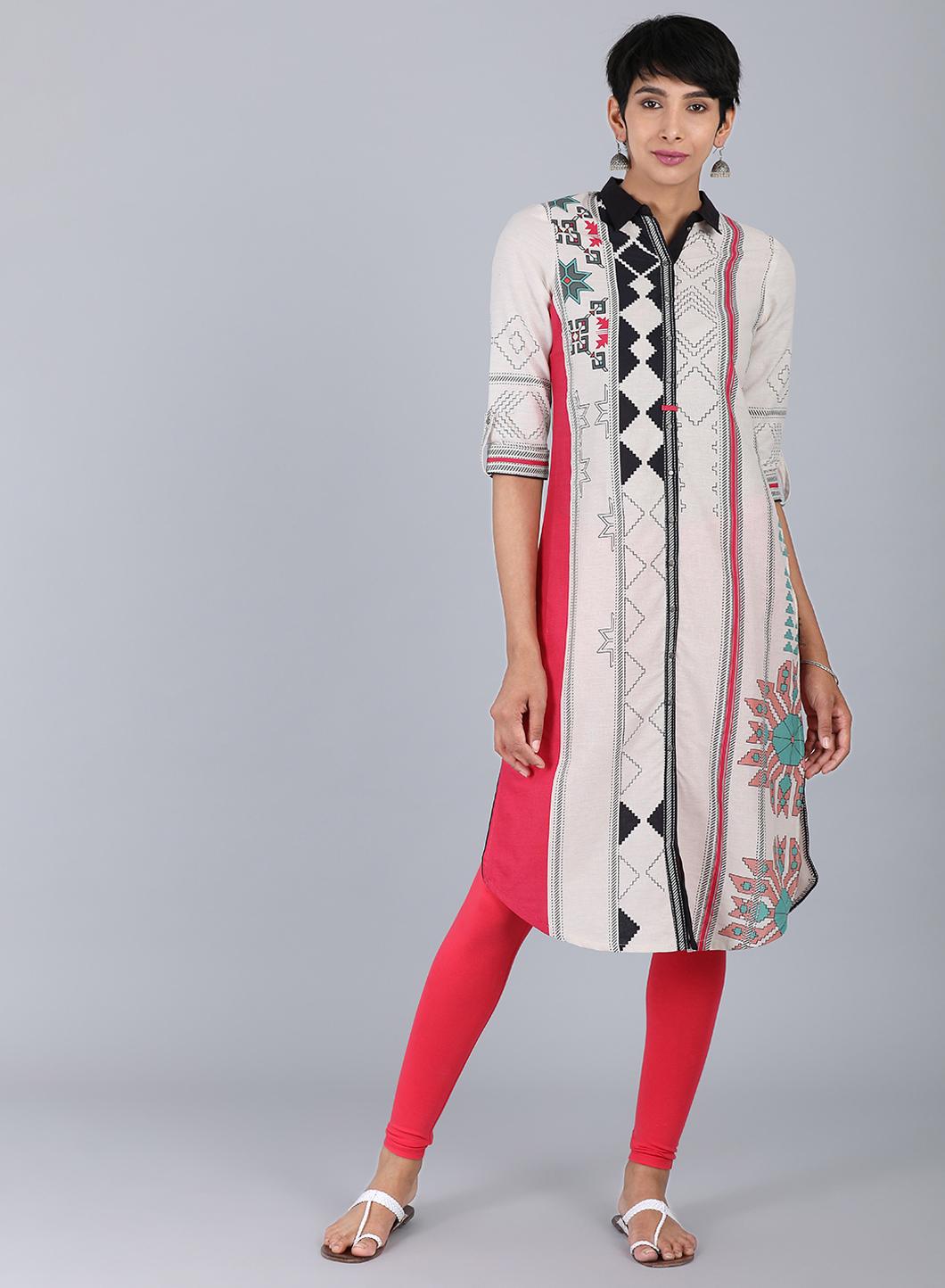 White Collar Neck Printed kurta