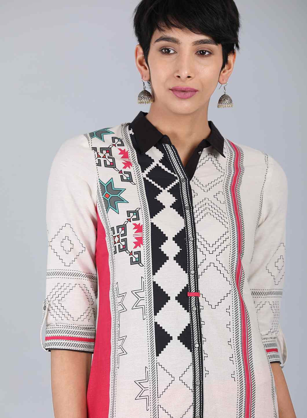 White Collar Neck Printed kurta