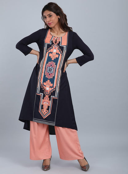 Blue &amp; Peach Round Neck Printed kurta - wforwoman