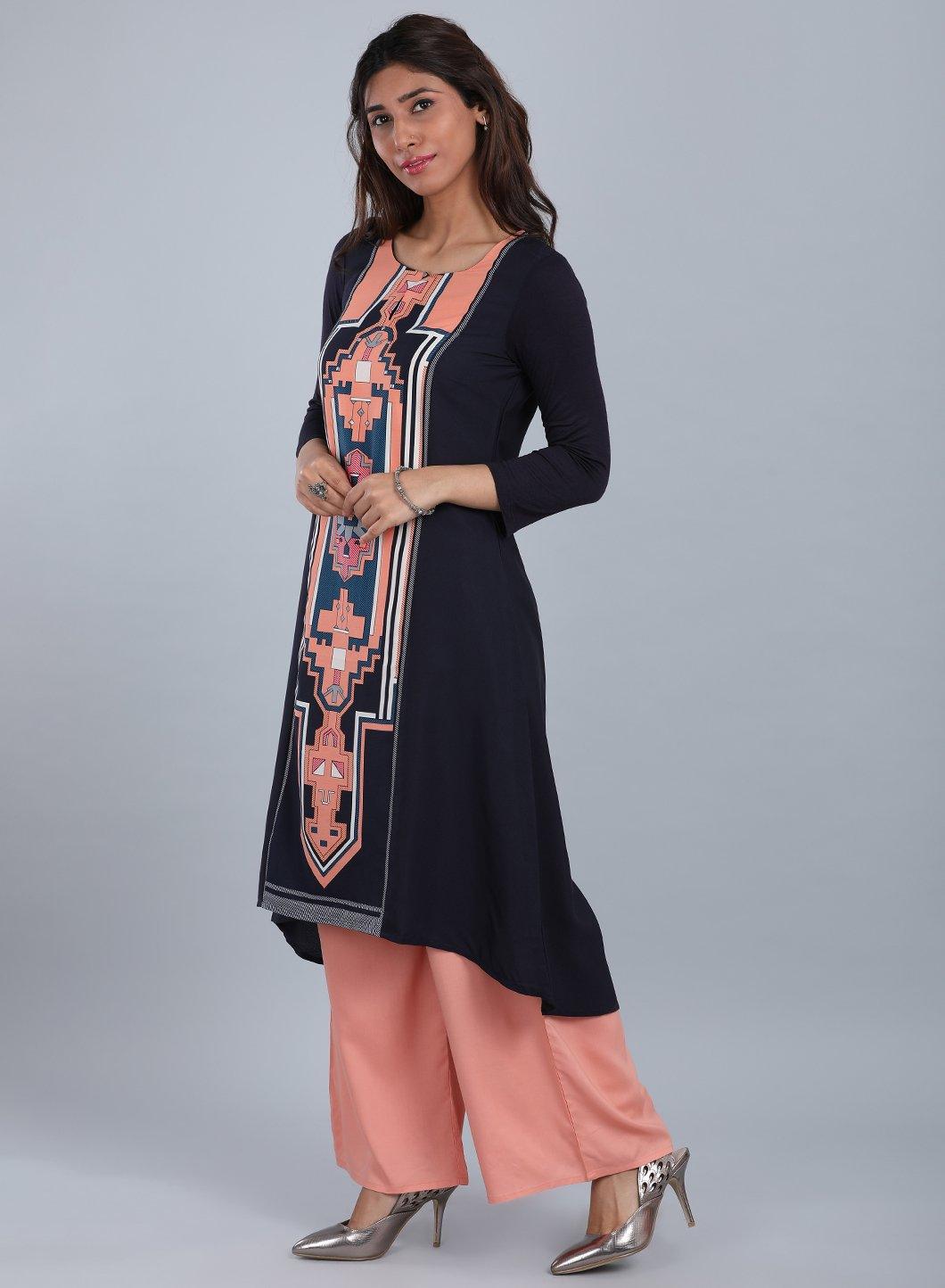 Blue &amp; Peach Round Neck Printed kurta - wforwoman