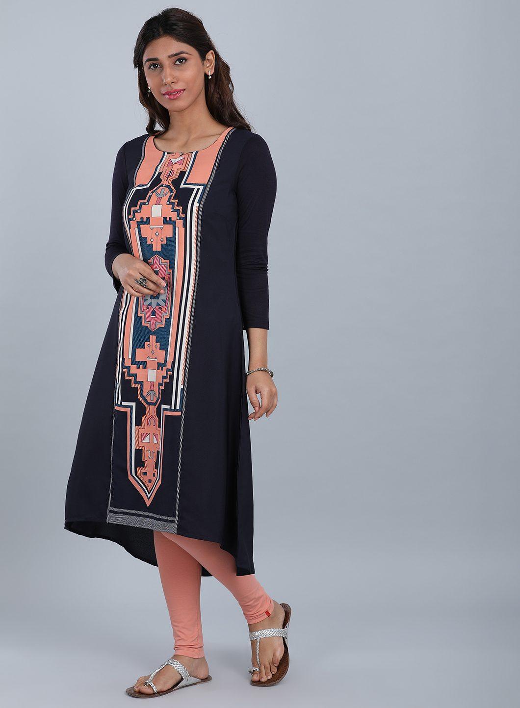 Blue &amp; Peach Round Neck Printed kurta - wforwoman