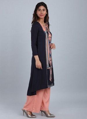 Blue &amp; Peach Round Neck Printed kurta - wforwoman