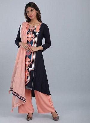 Blue &amp; Peach Round Neck Printed kurta - wforwoman