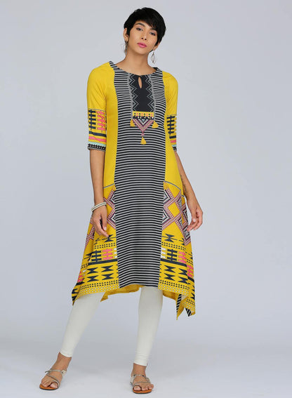 Yellow Round Neck Printed kurta - wforwoman