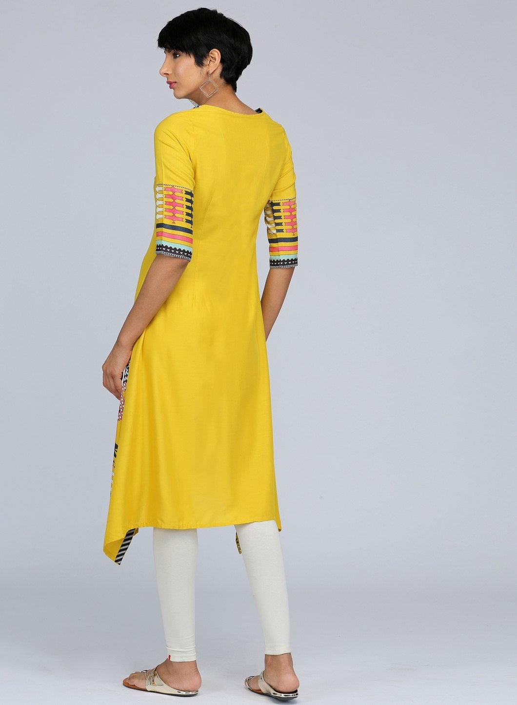 Yellow Round Neck Printed kurta - wforwoman