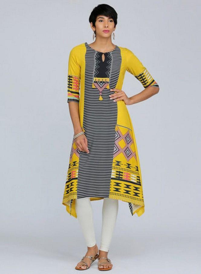 Yellow Round Neck Printed kurta - wforwoman