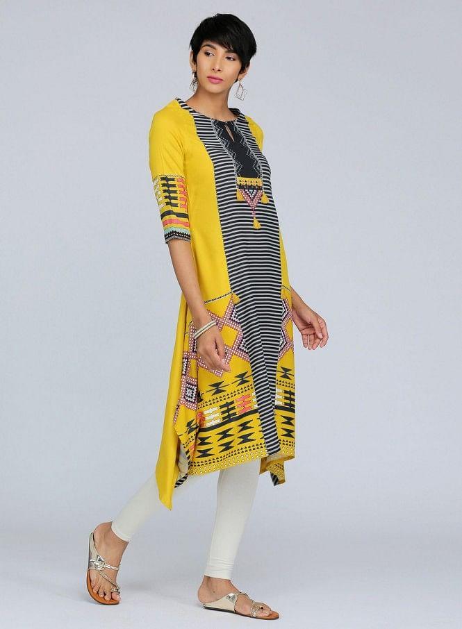 Yellow Round Neck Printed kurta - wforwoman