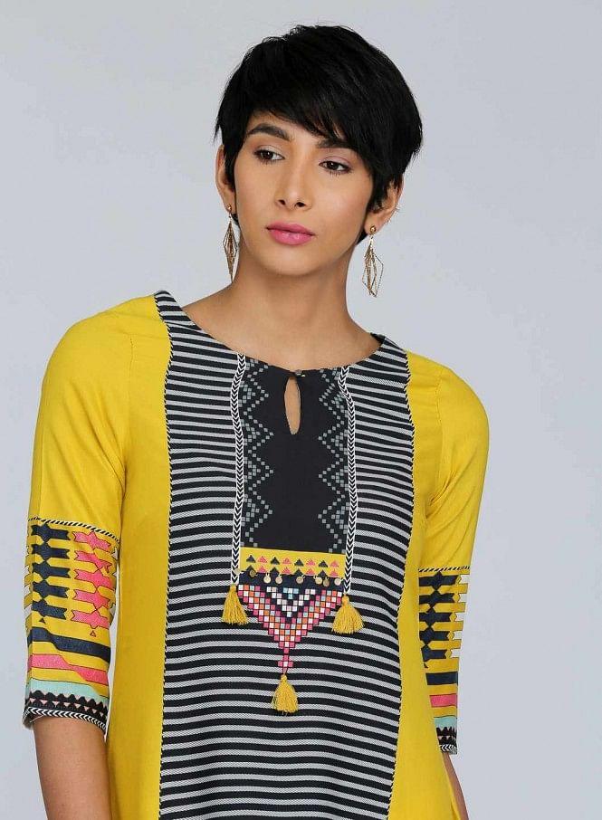 Yellow Round Neck Printed kurta - wforwoman