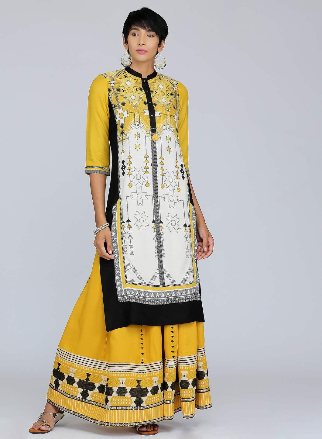 Yellow Mandarin Neck Printed kurta - wforwoman