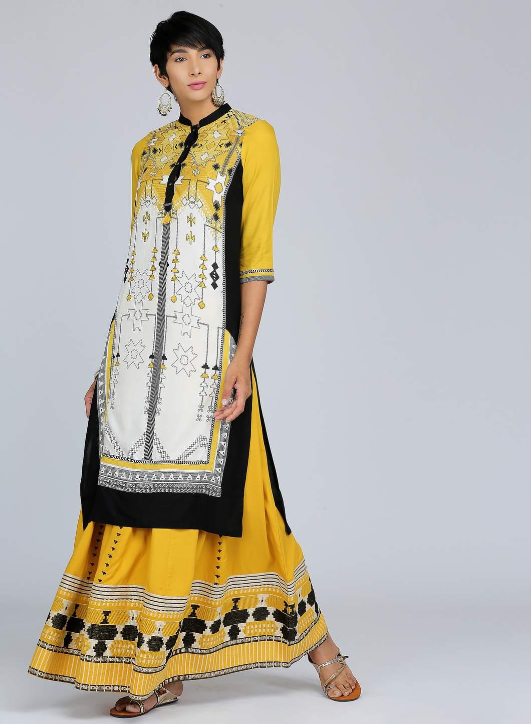 Yellow Mandarin Neck Printed kurta - wforwoman