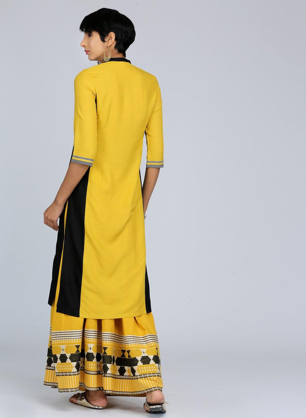 Yellow Mandarin Neck Printed kurta - wforwoman