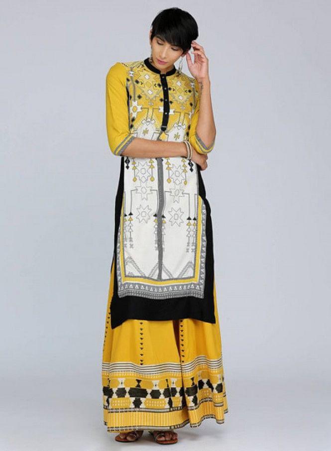 Yellow Mandarin Neck Printed kurta - wforwoman