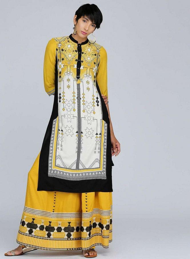 Yellow Mandarin Neck Printed kurta - wforwoman