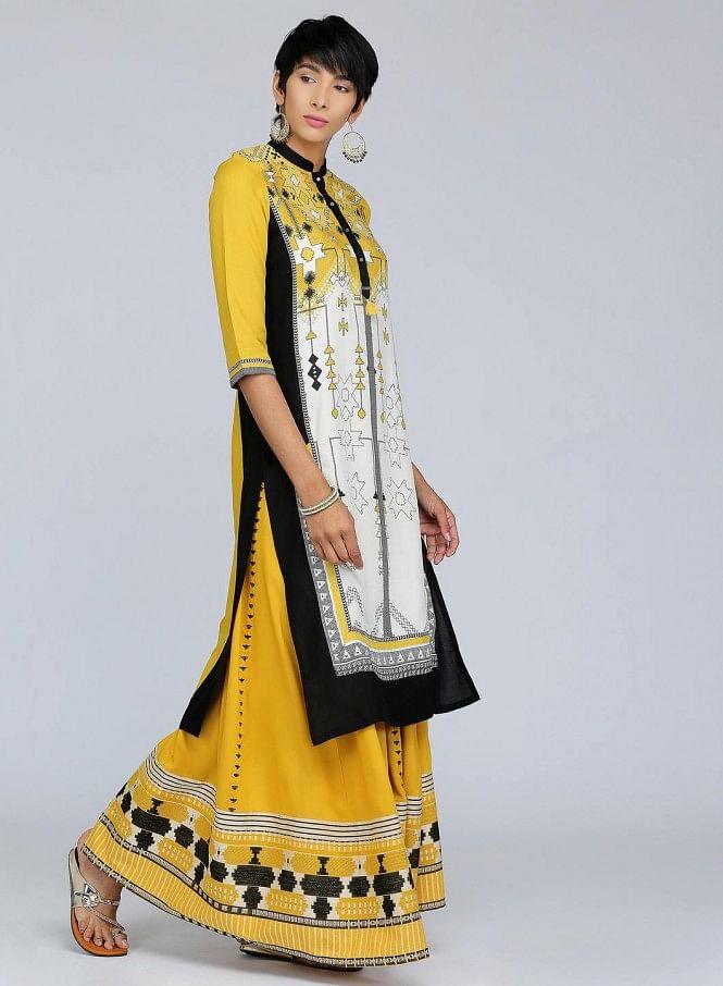 Yellow Mandarin Neck Printed kurta - wforwoman