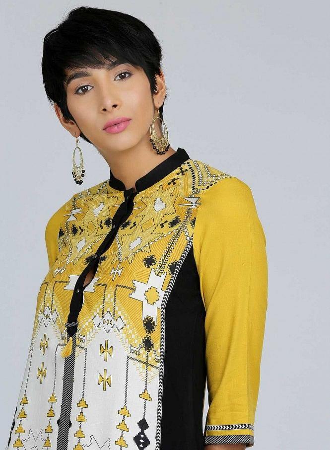 Yellow Mandarin Neck Printed kurta - wforwoman