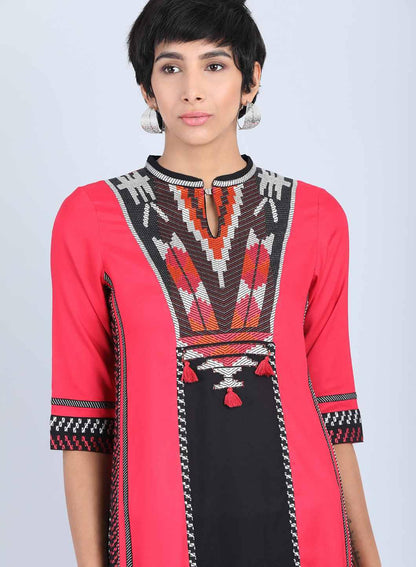 Red Mandarin Neck A-Line kurta - wforwoman