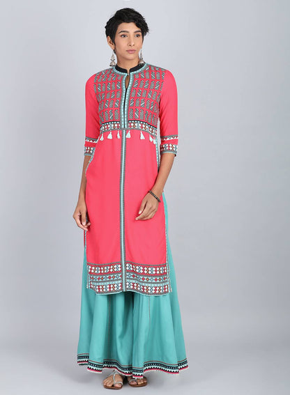 Pink Mandarin Neck Printed kurta