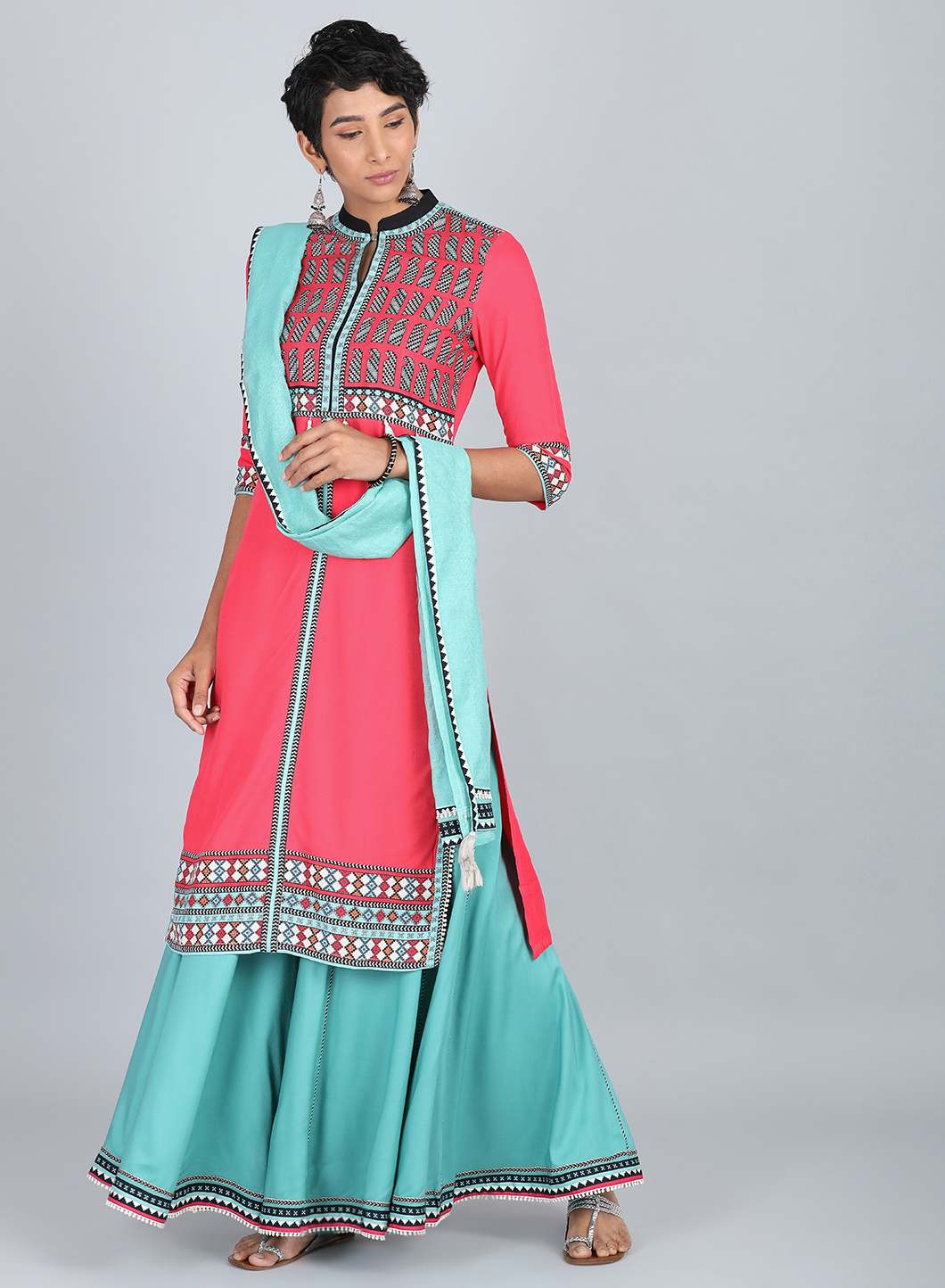 Pink Mandarin Neck Printed kurta