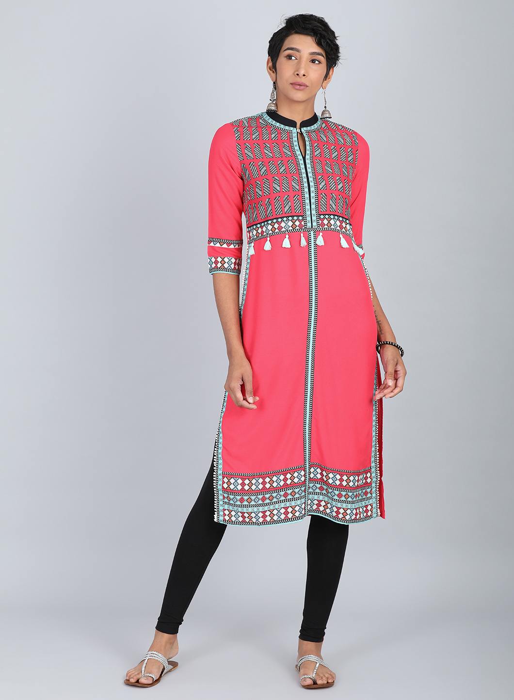 Pink Mandarin Neck Printed kurta