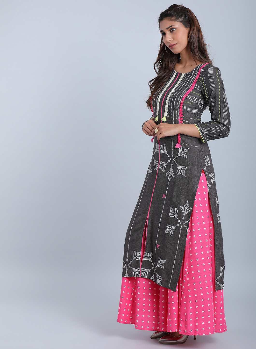 Grey Printed Round Neck kurta - wforwoman