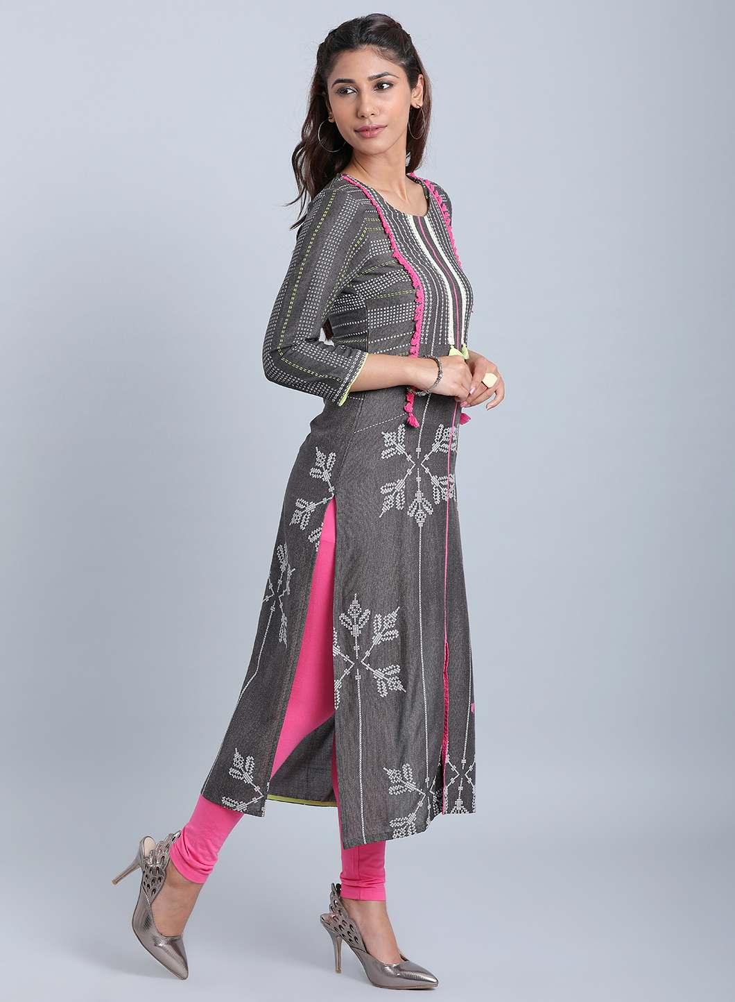 Grey Printed Round Neck kurta - wforwoman