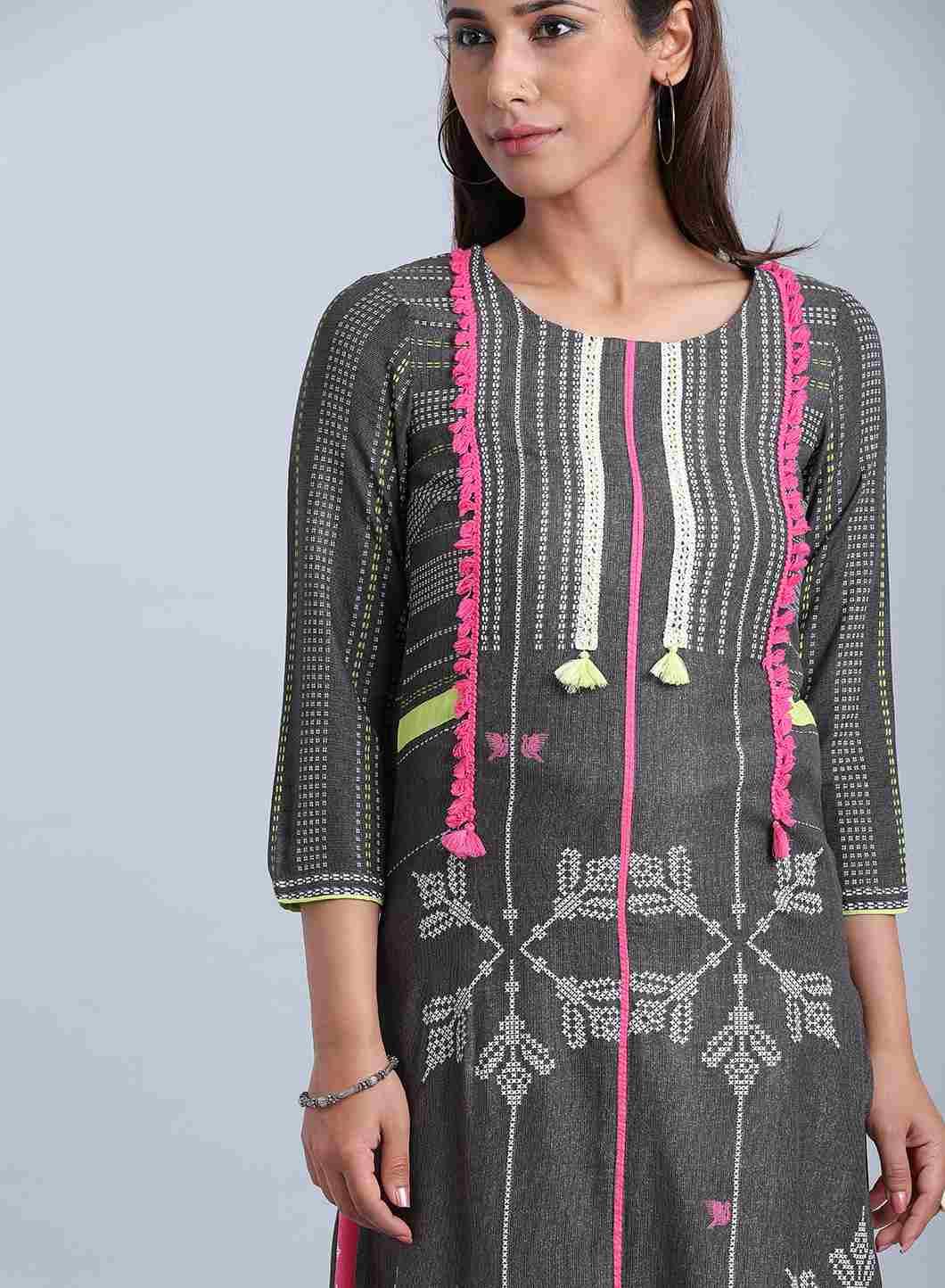 Grey Printed Round Neck kurta - wforwoman