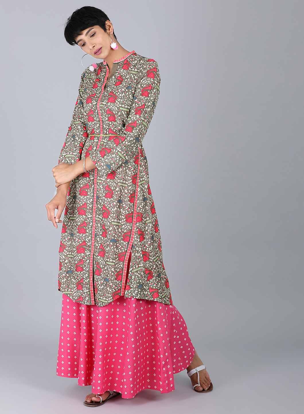 Grey Mandarin Neck Printed kurta - wforwoman