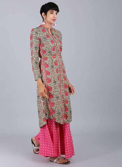 Grey Mandarin Neck Printed kurta - wforwoman