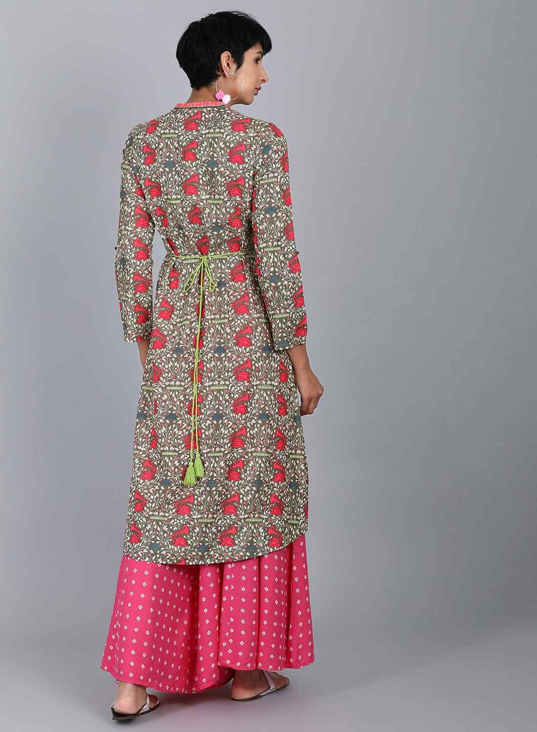 Grey Mandarin Neck Printed kurta - wforwoman