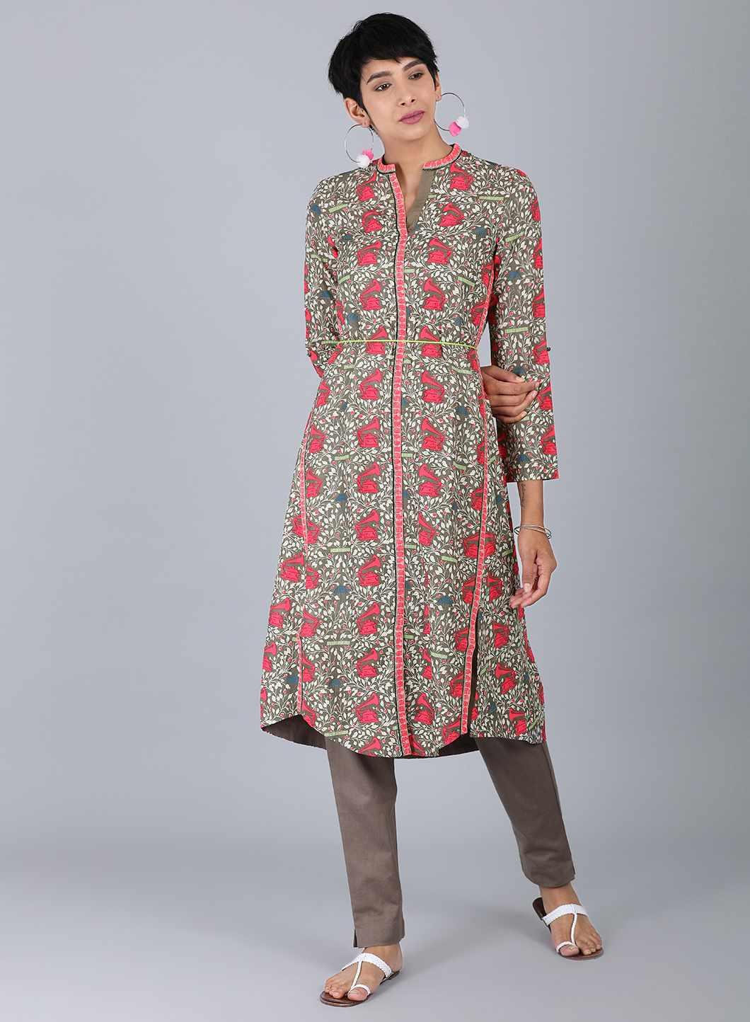 Grey Mandarin Neck Printed kurta - wforwoman