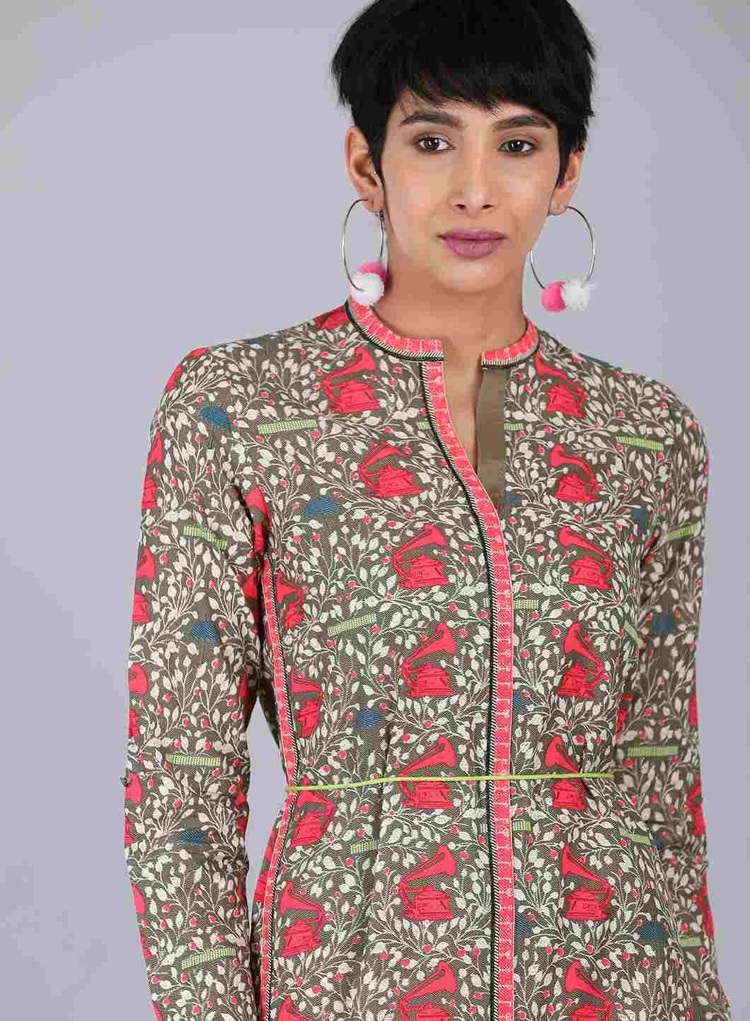 Grey Mandarin Neck Printed kurta - wforwoman