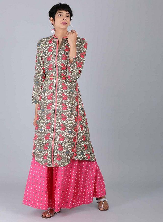 Grey Mandarin Neck Printed kurta - wforwoman