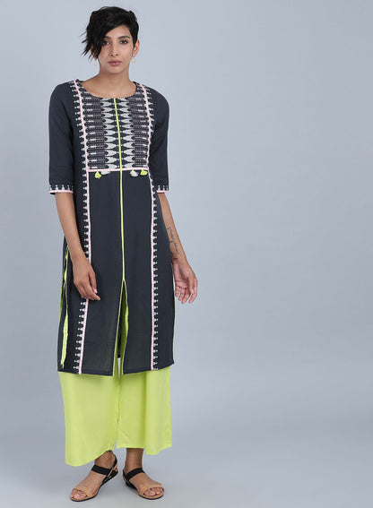 Grey Round Neck Embroidered kurta