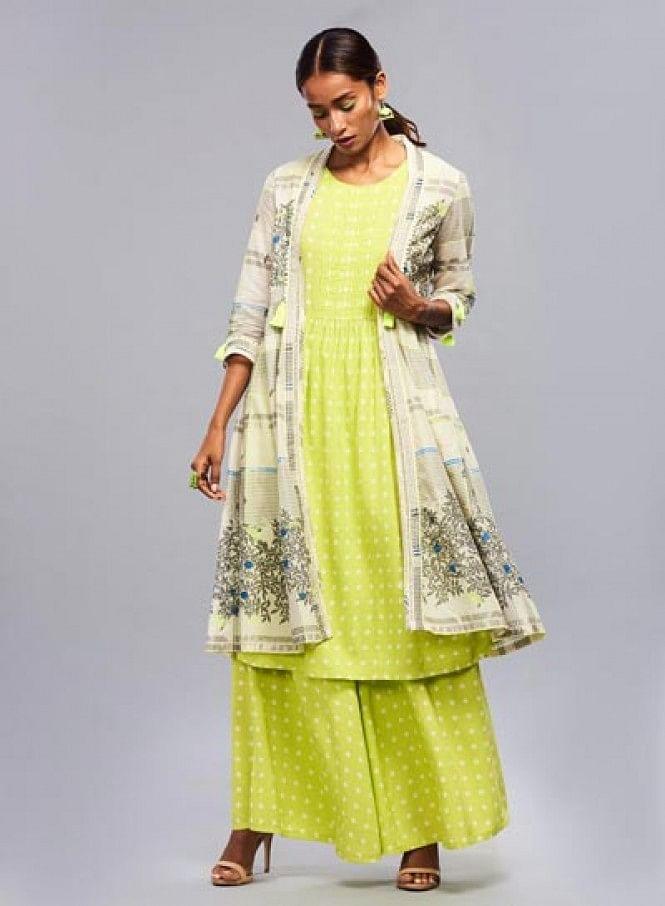 Grey &amp; Green Open Front kurta - wforwoman