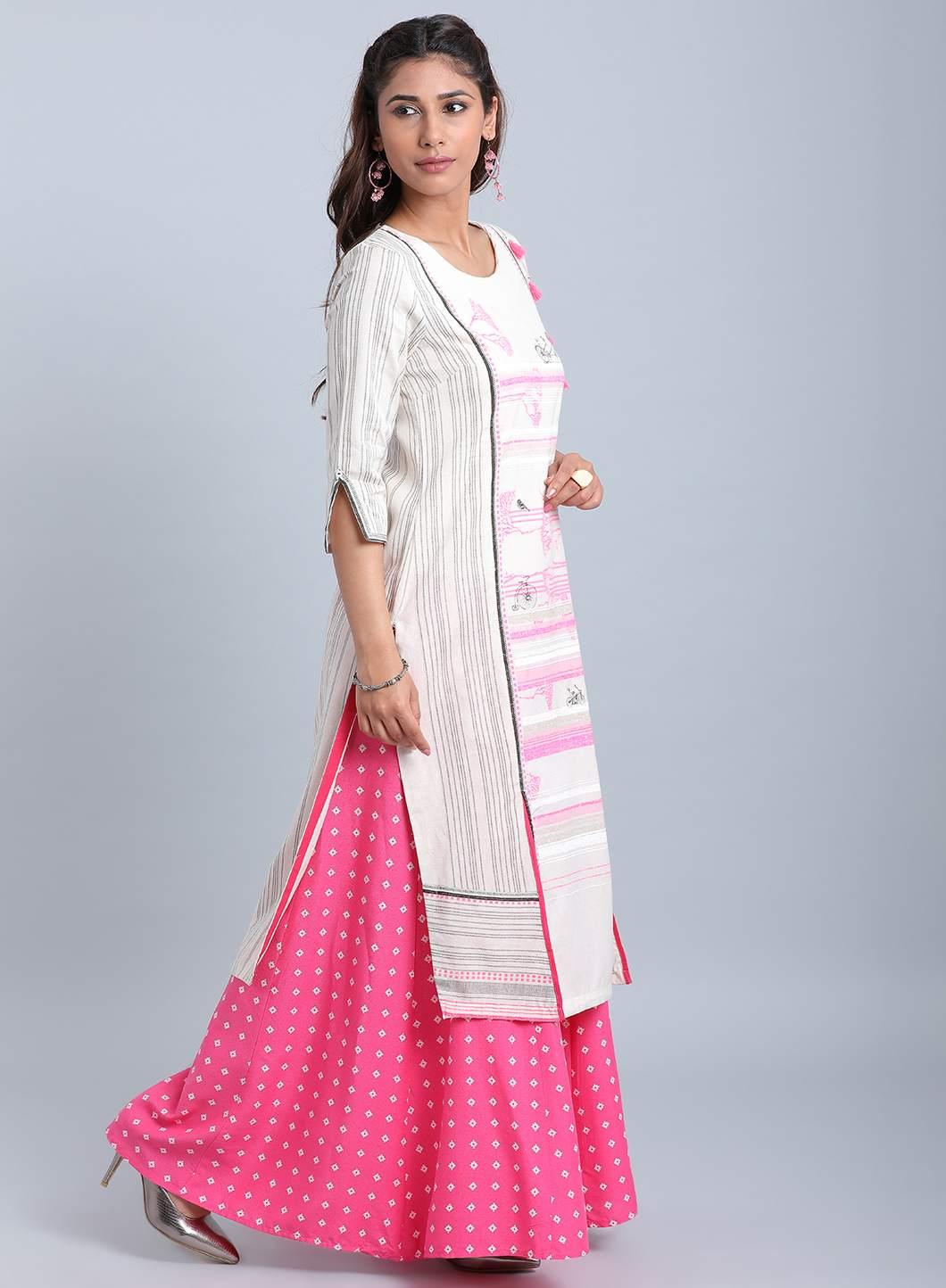 Off-White &amp; Pink Printed Round Neck kurta - wforwoman